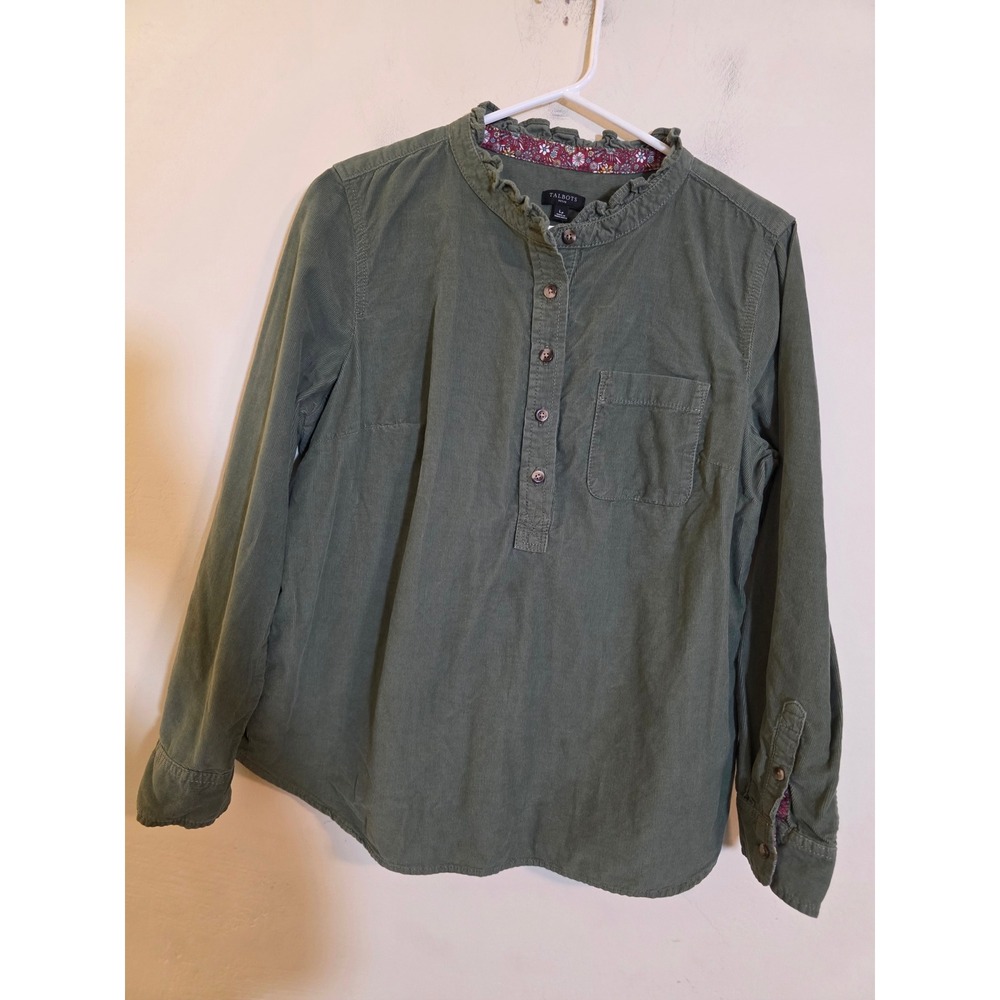 Talbots Petite Green Corduroy Ruffle Collar Henley Blouse LP Floral Trim